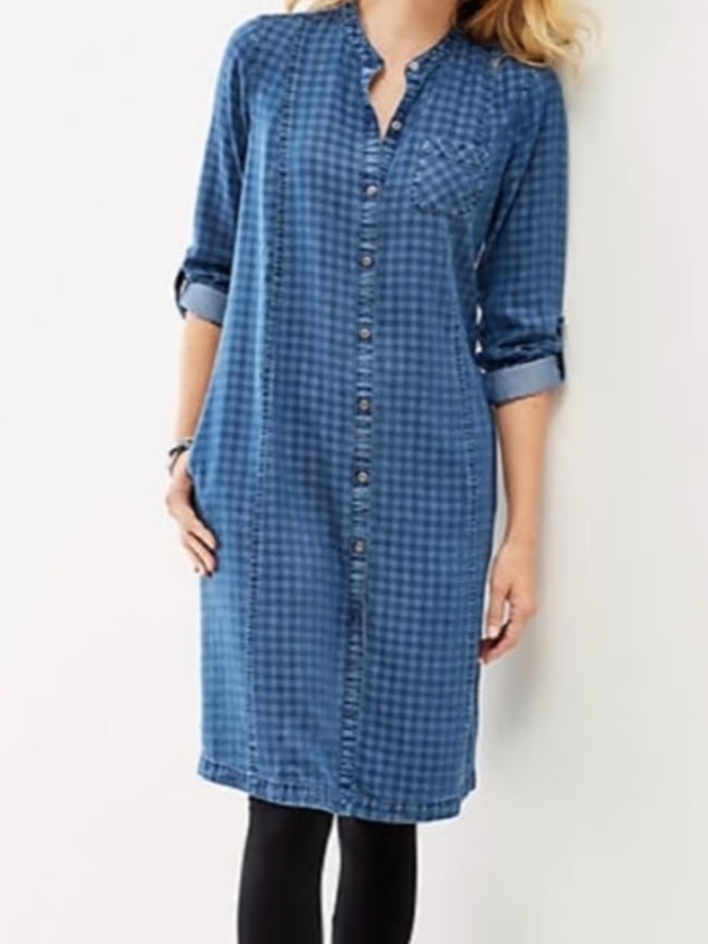 J. Jill Denim Petite Gingham Plaid Chambray Button Front Shirt Dress M Blue